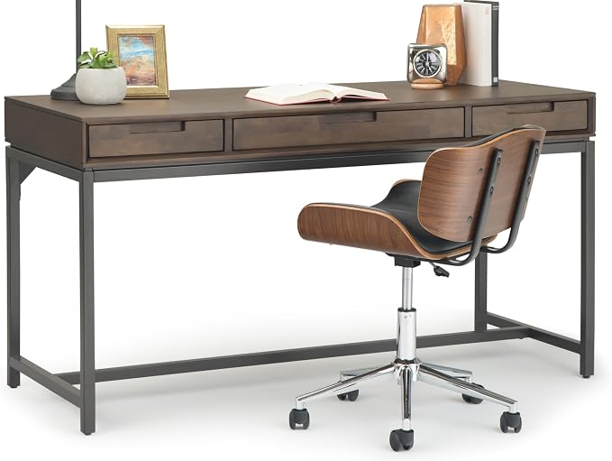 SIMPLIHOME Banting Desk - 60 Inch Wide Solid Wood and Metal Writing Desk in Walnut Brown, Modern Industrial Home Office Computer Table for Study with 2 Drawers and Flip-Down Keyboard Tray