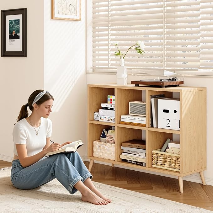 6 Cube Storage Organizer, Wood Bookcase with Legs, Modern Freestanding Cubby Shelving Unit, Book Shelf Toy Storage Cabinet for Bedroom, Living Room, Kids Room, Fits 11 Inch Bins, Natural