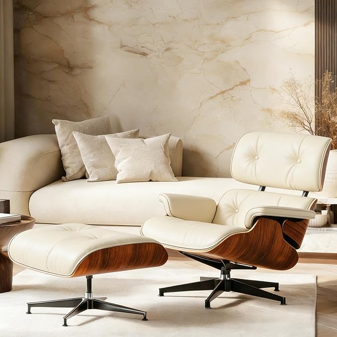 Mid-Century Genuine Top Grain Leather Chaise Lounge Chair & Ottoman, Rosewood Base, Modern Classic Design for Living Room & Office