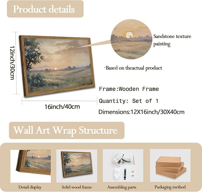 Vintage Sunset Wall Art Rustic Cottagecore Landscape Wall Decor Fall Country Nature Painting Artwork 3D Textured Sandstone for Living Room Bedroom 12x16 Inch Wood Framed