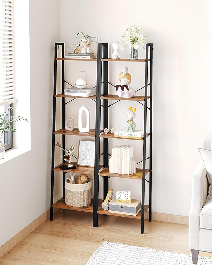 Hzuaneri Ladder Shelf, Bookshelf Bookcase, Freestanding Corner Storage Shelve with 2 Hooks for Home Office, Living Room, Kitchen, Bedroom, Industrial, 11.8" D x 17.3" W x 63" H, Rustic Brown BC19201B
