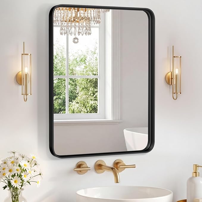 NEWBULIG 16X20 Inch Bathroom Mirror for Over Sink, Wall Vanity Mirrors Tempered Glass, Anti-Rust Metal Framed Rounded Rectangle, Hangs Horizontally or Vertically, Farmhouse Home Decor, Black