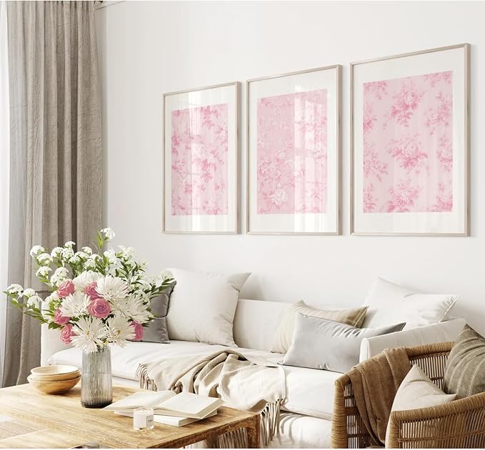 Baccone Pink Floral Wall Art Chinoiserie Flower Wall Decor Pictures Aesthetic Canvas Wall Art Love Shack Fancy Poster Vintage Floral Prints for Living Room Bedroom 16x24 Inch Unframed Set of 3