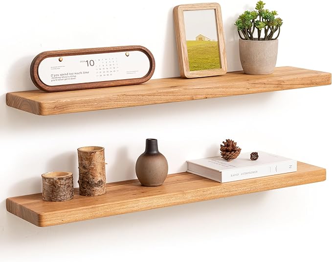 Fun Memories Rustic Elm Wood Floating Shelves, 30 Inch Wall Shelf Set of 2, Wooden Bathroom Shelves with Heavy-Duty Bracket, Storage & Display Shelf for Kitchen, Bedroom, Living Room