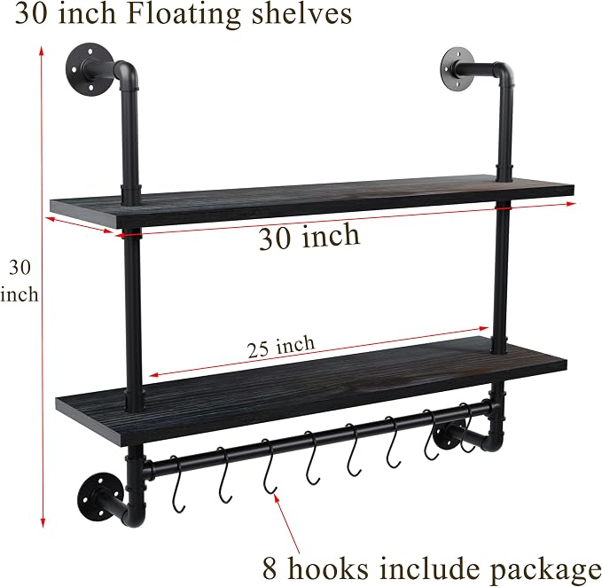 ROGMARS Industrial Pipe Shelving Pine Wood Floating Shelves for Wall, 30 inch Kitchen Wall Mounted Shelves Bathroom Shelves with Towel Bar Coffee Bar Shelf with Hooks for Living Room Bedroom