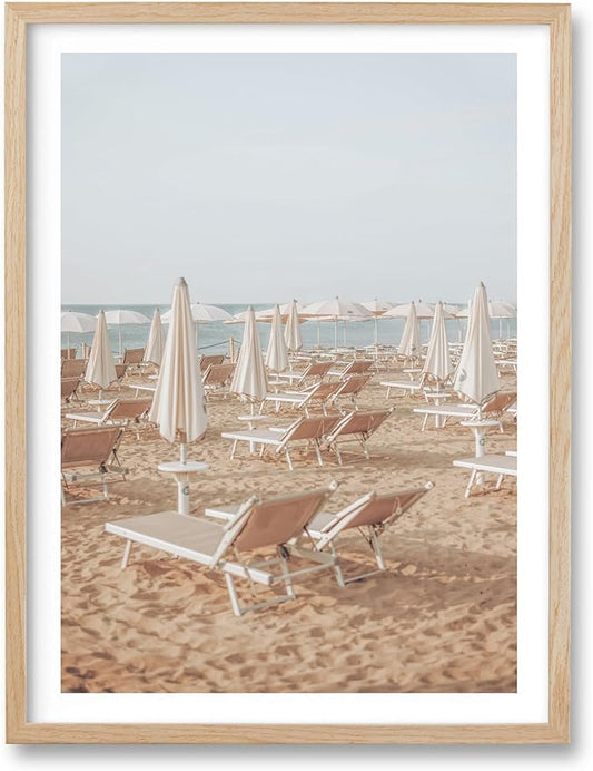HesenDot Natural OAK Wood Framed Italy Beach Wall Art,12x16in Amalfi Coast Canvas Wall Print,Positano Seascape White Beach Chair Wall Decor for Living Room, Bedroom,Office Gallery Set of 1