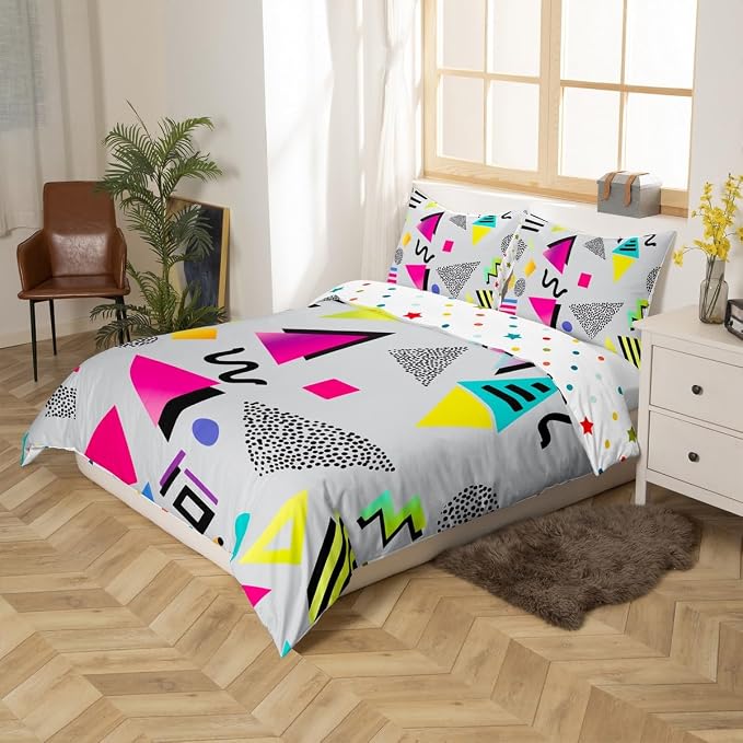 Memphis Duvet Cover Hipster Retro Bedding Set,80s and 90s Hip Hop Funky Comforter Cover Colorful Pop Art Inspired Pattern Twin Bed Set,Watercolor Eighties Memphis Geometrical 80s Bedroom Decor