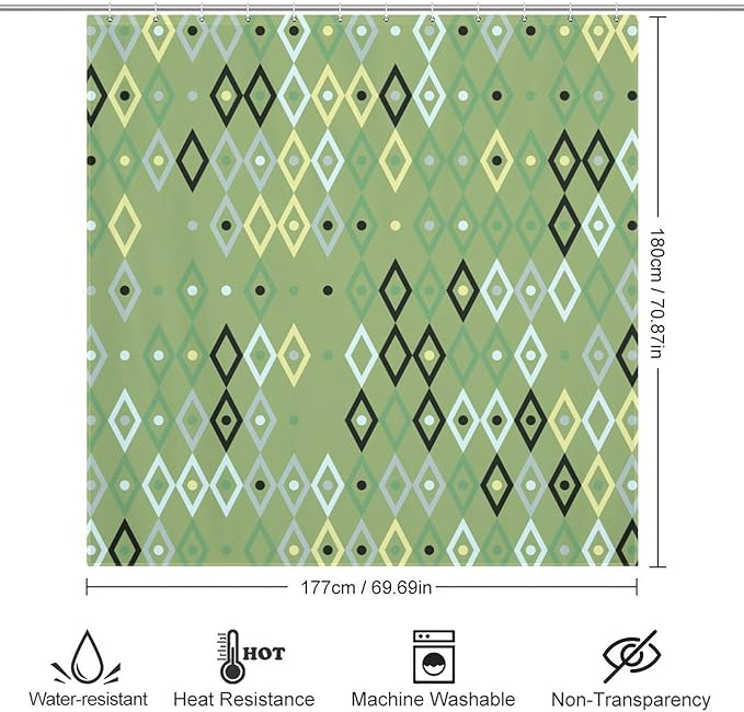 Vintage Mid Century Geometry Shower Curtains, Modern Green Diamond Pattern Thermal Insulated Privacy Washable Waterproof Fabric for Bathroom Decor Bathtub with 12 Hooks 72x72in (183x183cm)