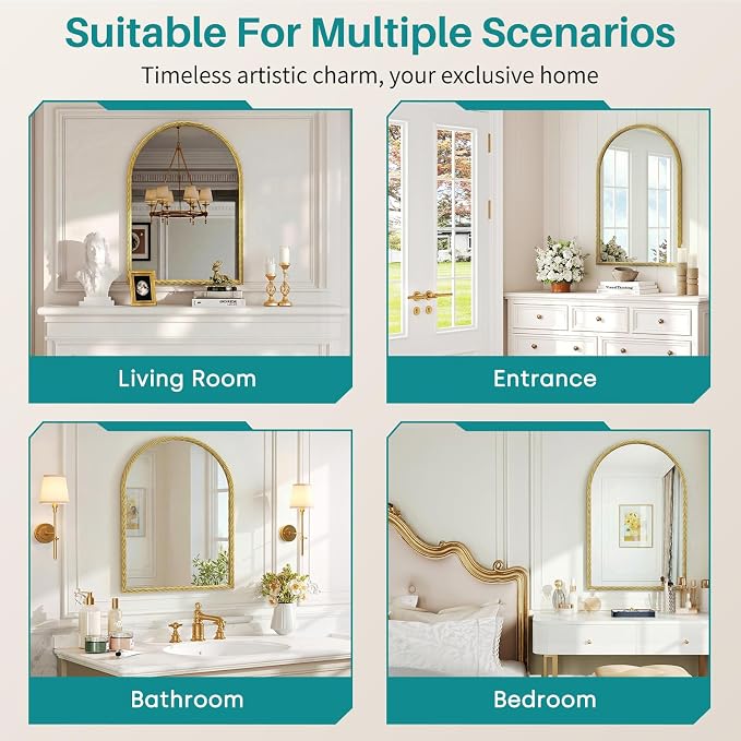 Large Vintage Arched Wall Mirror - 24"X36" Gold Rope-Like Metal Framed Mounted Mirror for Wall Decor, Vanity Mirrors for Bathroom, Living Room, Bedroom, Fireplace