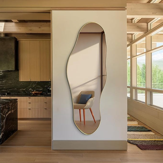 Irregular Mirror Full Length, 63"x22.5" Asymmetrical Wall Mirrors with Gold Metal Frame, Large Modern Abstract Unique Shaped Mirror for Living Room Bathroom Bedroom Hallway Entryway