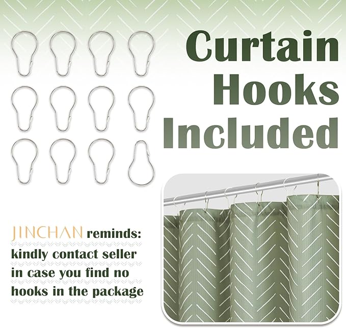 jinchan Sage Green Shower Curtain with White Herringbone Striped Zig Zag Chevron Waterproof Fabric Modern Farmhouse Shower Curtains for Bathroom with 12 Hooks 70x72 Inches