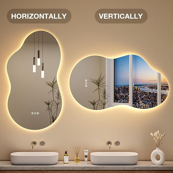 Irregular Cloud Backlit Bathroom Mirror 20x36 Inch, LED Vanity Mirror with Lights Anti-Fog, Dimmable 3 Colors, 4mm Tempered Glass, Horizontal/Vertical Wall Mount for Bathroom or Makeup Area