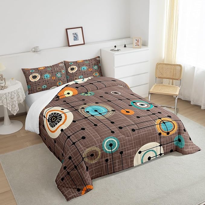 Erosebridal Geometric Grid Bedding King Brown Minimalism Comforter Set, Mid Century Duvet Insert Retro Atomic Down Comforter, Rainbow Circles Black Lines Bedding Comforter Sets Abstract Room Decor