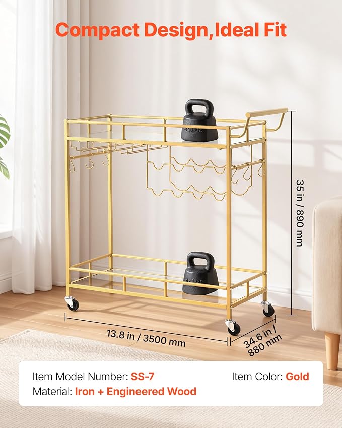 VEVOR Bar Cart, 2 Tiers Home Kitchen Serving Carts, Modern Rolling Utility Station on Wheels, Drink Beverage Trolley with Mirrored Glass Shelves, Wine Rack, Glass Holder, for Living Dining Room, Gold