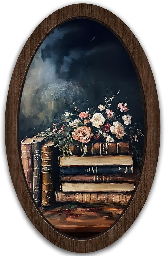 UYIKG Vintage Dark Academia Oval Wall Art Decor,Floral Book Oil Painting Art Wooden Framed Decor,Farmhouse Oval Wooden Wall Decorations for Theme Room Home Bedroom Living Room Reading Room 9x14.6 in