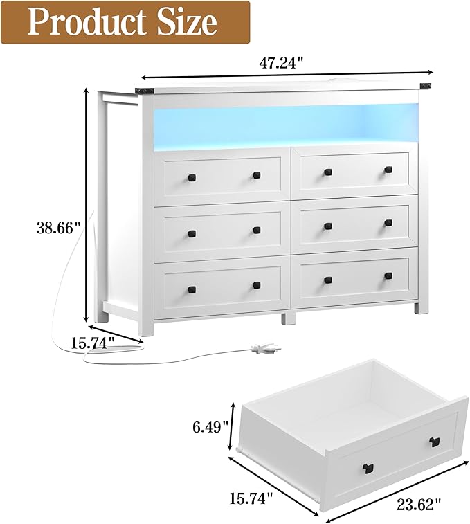 White Dresser 6 Drawer Dressers for Bedroom with LED Lights, Charging Station, Wood Chest of Drawers with Metal Handles, Modern TV Stand Storage Cabinet for Living Room, Hallway, Entryway