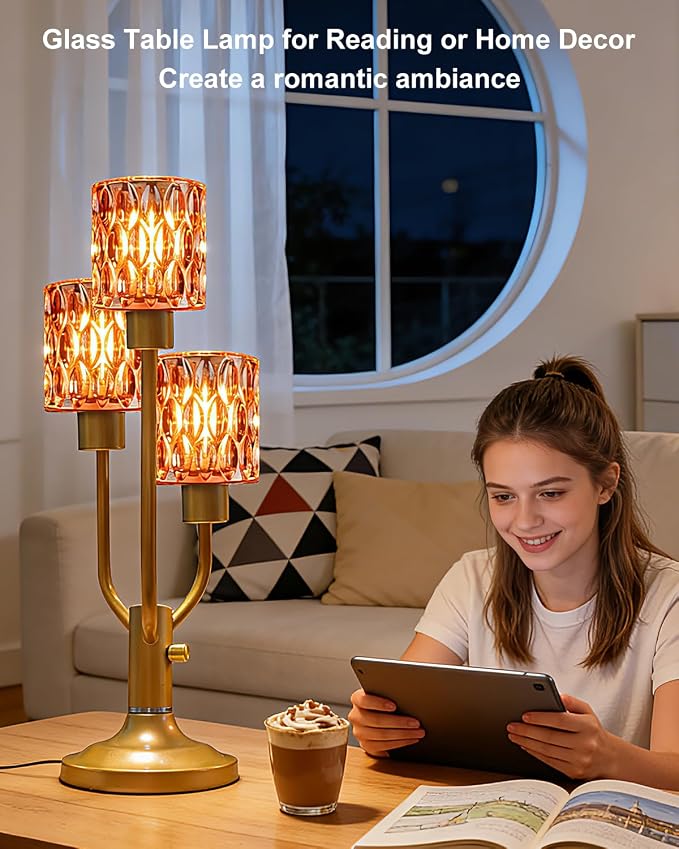 Lightdot Mid Century Modern Table Lamp Dimmable Nightstand Lamp Red Glass Vintage Gold Desk Lamp 3 Bulbs Included Warmwhite Ambient Bedside Lamps for Living Room Bedroom Girls Room Home Office Decor