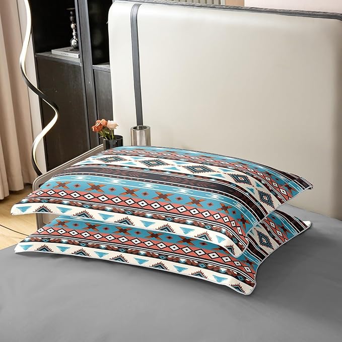 100% Cotton Aztec Duvet Cover Twin Southwestern Bedding Set Tribal Native American Comforter Cover Brown Blue Abstract Geometric Tribal Bedroom Decor Ethnic Grid Lattice Quilt Cover