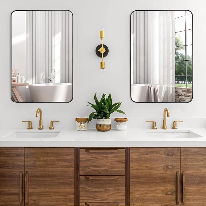 Black Bathroom Mirror 20X30 Inch Rounded Rectangle Wall Mirror Stainless Steel Metal Frame Vanity Mirror Anti-Rust for Entryway, Bathroom, Vanity, Living Room Hangs Vertically or Horizontally