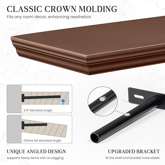 Fun Memories Floating Shelves 48 Inch Long, 9.3 Inch Deep Classic Crown Molding Floating Shelves for Wall, Rustic Wooden Shelves for Wall Decor Bathroom, Kitchen, Office, (Walnut, 1Pack)