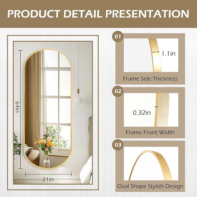 Arched Full Length Floor Mirror, Oval Full Floor Mirror, Large Wall Mounted Arched-Top Body for Living Room, Bedroom, Bathroom, Entryway, Dressing Room (Gold, 64 * 21)