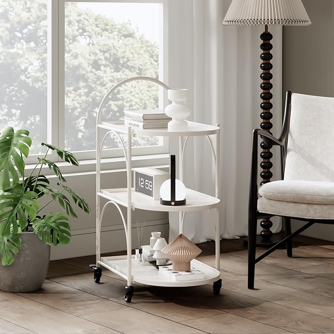 XIV Bar Cart, Metal Serving Cart for Home, Drink Cart, Rolling Beverage Cart with Lockable Wheels, Mobile Rolling Cart for Kitchen and Living Room (White)