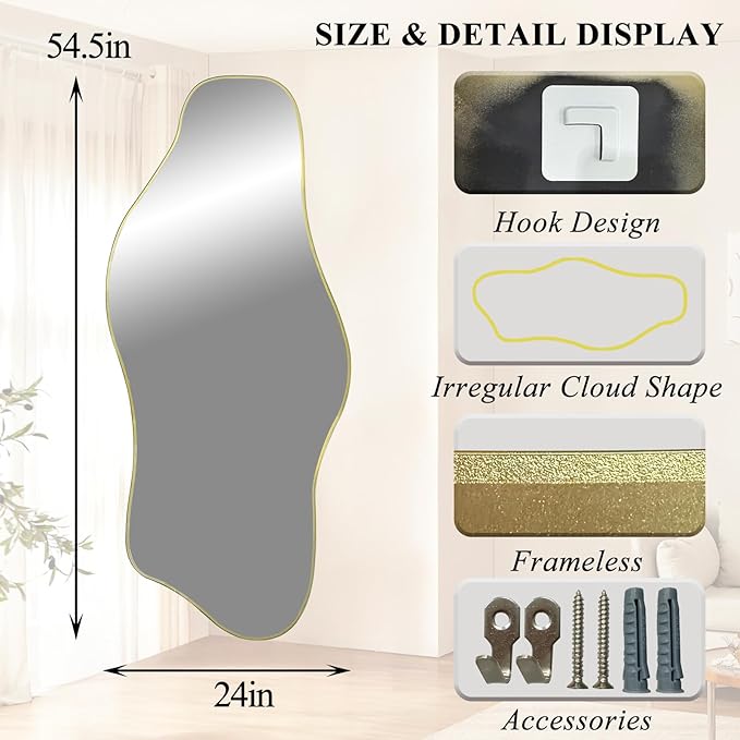 Large Irregular Mirror, 54.5"x24" Asymmetrical Tempered Glass Mirror for Wall, Gold Abstract Frameless Mirrors for Living Room Bathroom Bedroom Hallway Entryway, Horizontal or Vertical Hanging