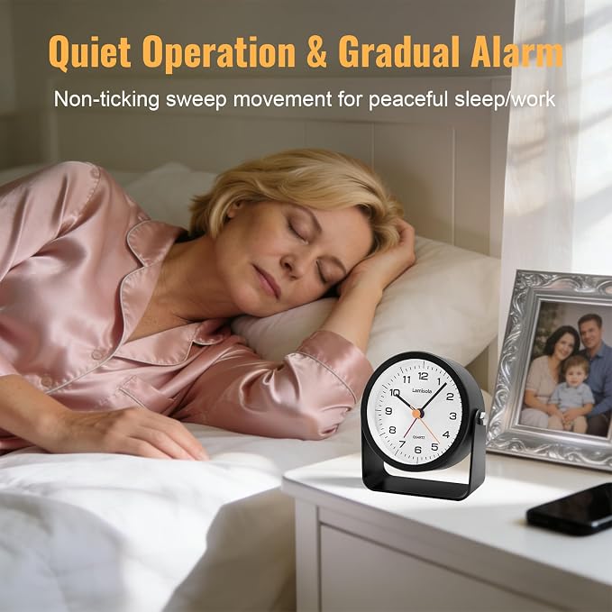 Lamisola 3.5 Inch Small Desk Alarm Clock, Battery Operated Analog Silent Clock with Night Light, Retro Vintage Metal Bedside Clock for Bedroom, Office, Bathroom, Dorm, Shelf, Table - Black