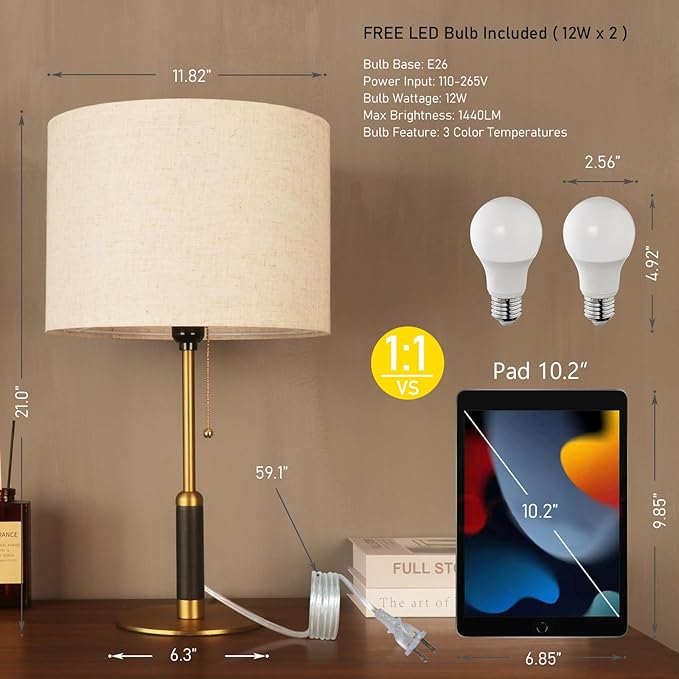 21" Set of 2 Mid Century Modern Table Lamp with Pull Chain Switch, 3-Color Bedside Lamps for Bedroom Living Room, Solid Wood/Metal/Fabric Nightstand Lamp for Home Office (Light Brown+Brass)