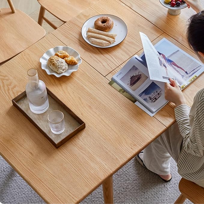 47’’-63’’ 100% Oak Extendable Dining Table and Bench Set for 2, Solid Wood Folding Kitchen Table, Mid Century Modern Dinner Table for Kitchen, Living Room, Natural (47''-63''+39''Rattan Bench)