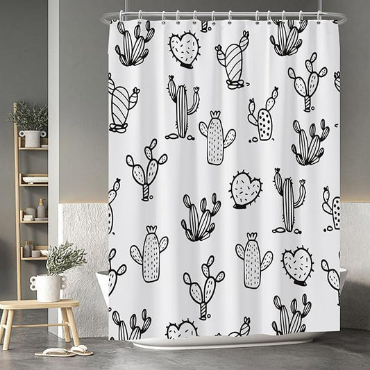 Baocicoo Cartoon Cactus Shower Curtain Tropical Plants Mexican Texas Minimalism Black and White Decorative Artistical Shower Curtains for Home Bathtubs Bath Waterproof Fabric with Hooks 72x96 Inches