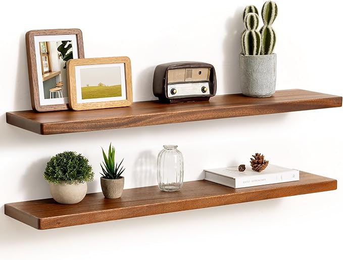 Fun Memories 36 Inch Floating Shelves, Rustic Solid Wood Wall Shelves Set of 2, 8 Inch Deep Floating Shelf for Bathroom, Bedroom, Heavy-Duty Wooden Shelf Wall-Mounted for Home Decor & Storage