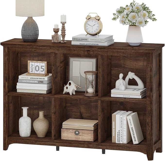 BON AUGURE 6 Cube Storage Bookshelf, Horizontal Wooden Bookcase with Curved Edge, Floor Standing Cubby Organizer for Living Room, Bedroom & Home Office (Rustic Oak)