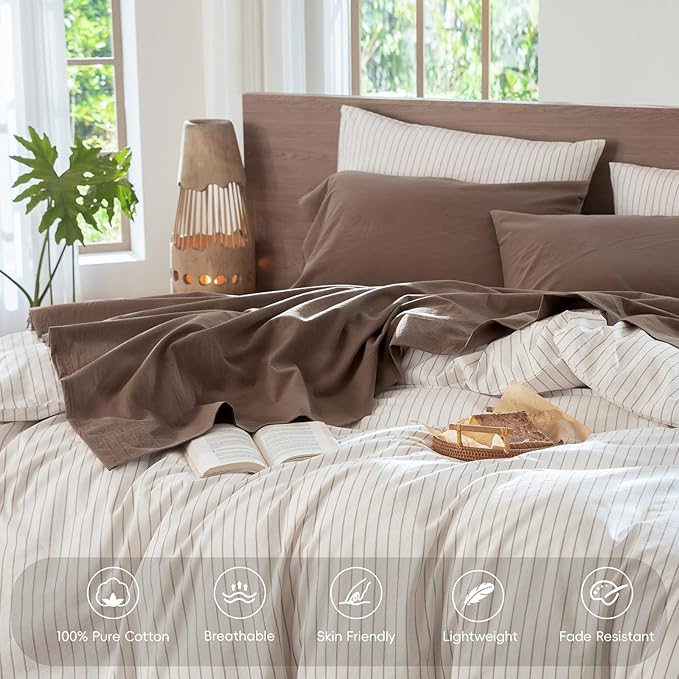 MooMee Bedding Sheet Set 100% Washed Cotton Linen Like Textured Breathable Durable Soft Comfy (Solid Brown, King)