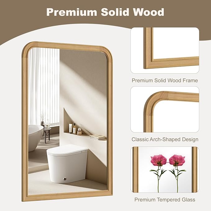 HOMECOOKIN 24" x 36" Wood Framed Mirror Bathroom Mirrors for Wall, Natural Arched Wood Bathroom Vanity Mirror for Entryway, Living Room or Bedroom Home Decor