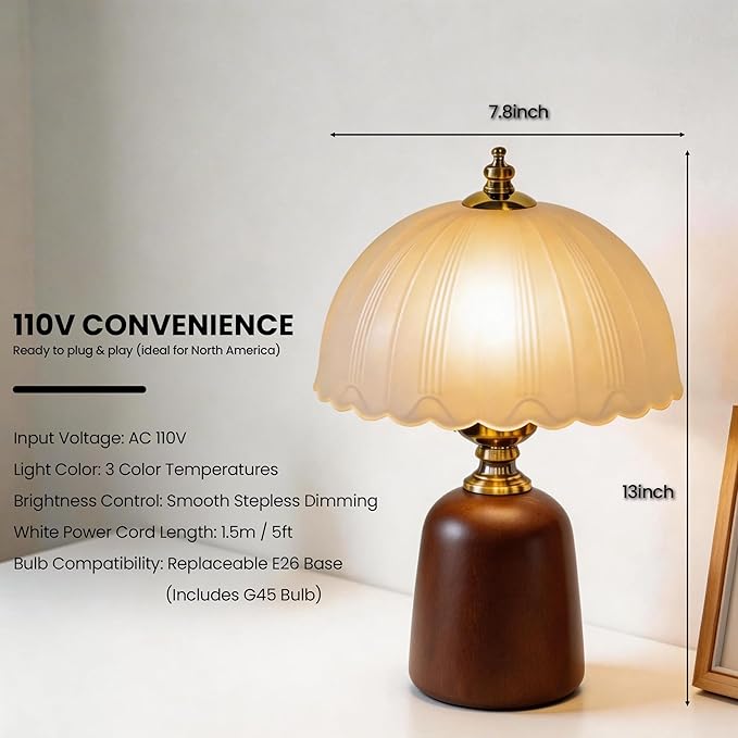 13“ Mid-Century Decorative Wooden Small Table Lamp, Frosted Scalloped Glass Shade, Solid Wood Base, Vintage Bedside Table Lamp for Bedroom Living Room, E26 Bulb Included