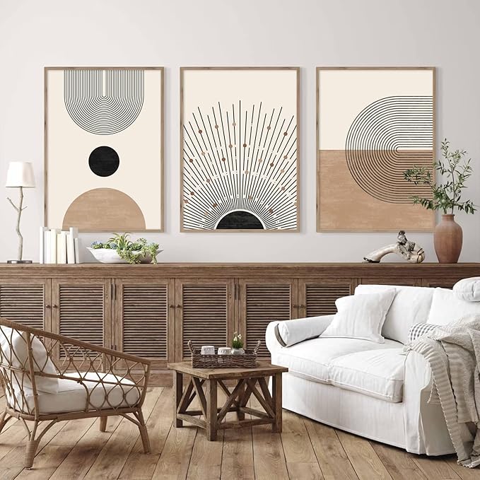Mid Century Modern Wall Art Set of 3 Neutral Boho Art Prints Abstract Geometric Wall Art Picture Black Beige Minimalist Painting Canvas Artwork for Living Room Bedroom 16x24 Inch UNFRAMED