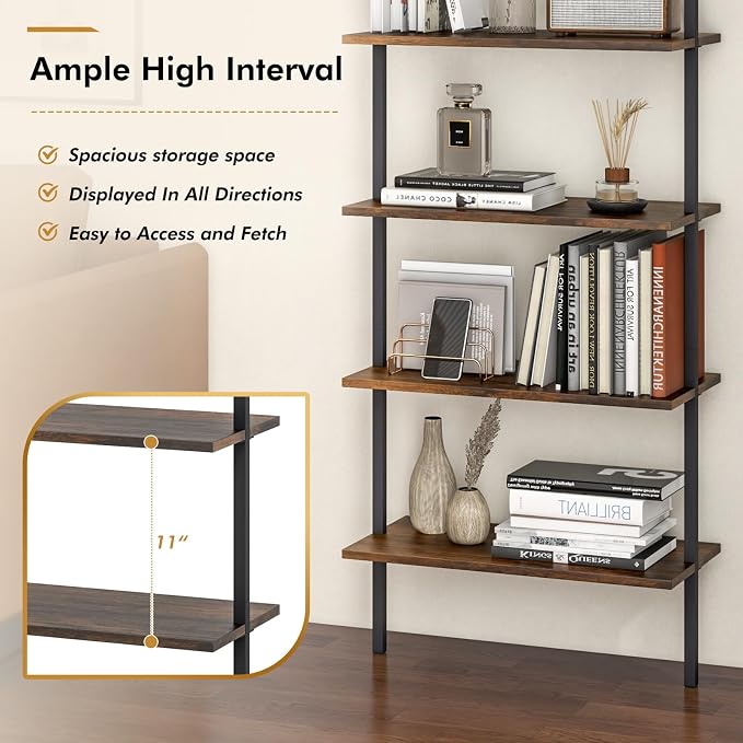 Giantex 5 Tier Wall Mounted Bookshelf Set of 2, 71'' Modern Wood Bookcase with Steel Frame, Stand Display Storage Rack Organizer Ladder Shelf for Living Room, Kitchen, Rustic Brown