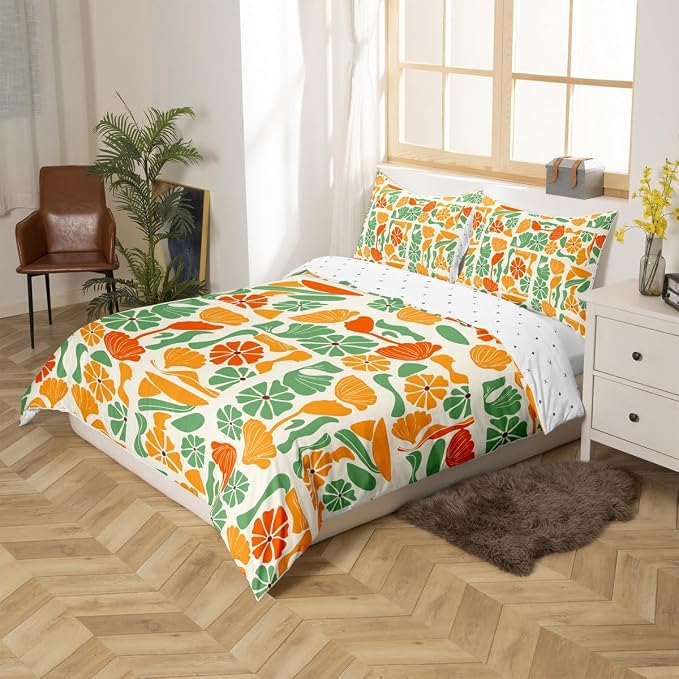 Erosebridal Mid Century Modern Toddler Comforter Cover Abstract Geometric Boho Floral Bedding Set Cute Yellow And Green Plants Patchwork Duvet Cover For Kids Adults,Vintage Aesthetic Geometric Bed Set
