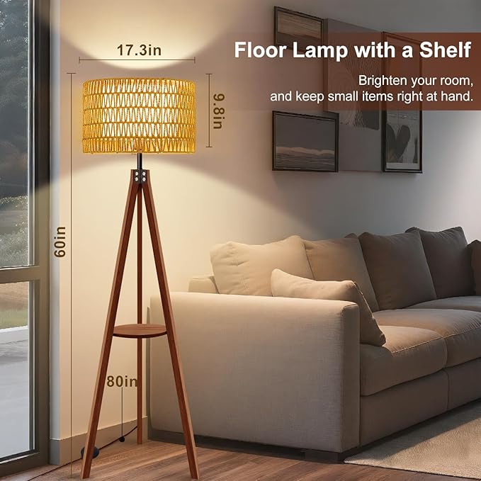 Vinaco Boho Tripod Floor Lamp with Shelf, Double Lampshades Mid-Century Standing Lamps, 3 Color Temperatures Wicker Floor Lamp, Foot Switch Rattan Tall Lamps for Bedroom, Living Room, Office