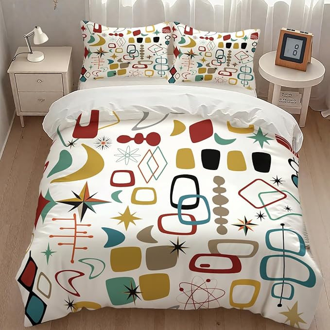 Mid Century Modern Bedding Set,Retro Geometric Colorful Diamond Abstract Geometric Vintage 60s 70s Pattern Comforter Set with Pillowcase for Bedroom Bed Decor,Queen 90"x90"