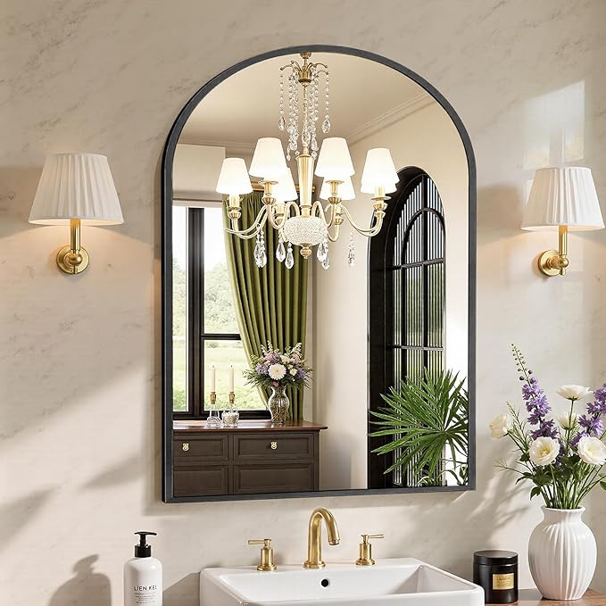 NEWBULIG 38X30 Inch Arched Bathroom Mirror for Wall, Vanity Bathroom Mirrors for Over Sink Tempered Glass, Anti-Rust Arched Metal Framed, Hangs Horizontally or Vertically, Farmhouse Home Decor, Black