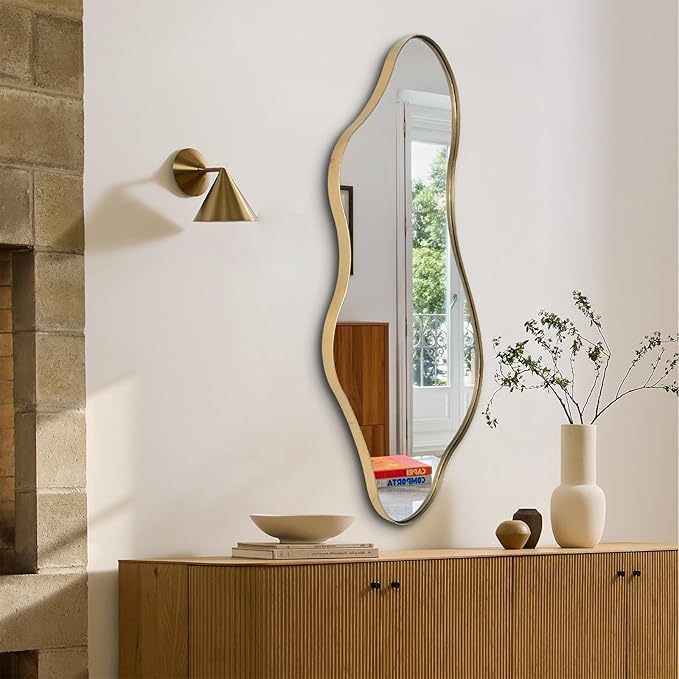 Irregular Mirror, 40"x18" Asymmetrical Wall Mirrors with Gold Metal Frame, Odd Shaped Mirror Decorative, Modern Abstract Mirrors for Living Room Bathroom Bedroom Hallway Entryway Fireplace