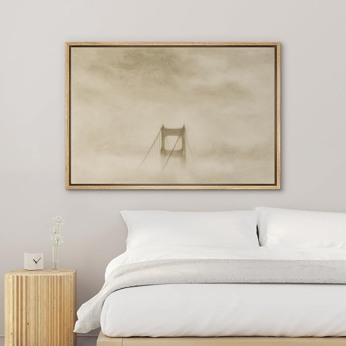 SIGNWIN Framed Canvas Print Wall Art Golden Gate Bridge in Fog Minimalist San Francisco Landmark Illustrations Minimalism Decorative Boho Retro for Living Room, Bedroom, Office - 24"x36" Natural