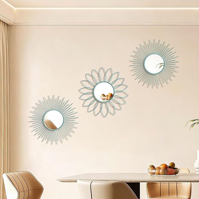 3 Pack Metal Mirrors for Wall Sunburst Wall Mirrors Home Décor Decorative Hanging Wall Art for Living Room Bedroom Entryway (Blue, Flower+Sunburst)