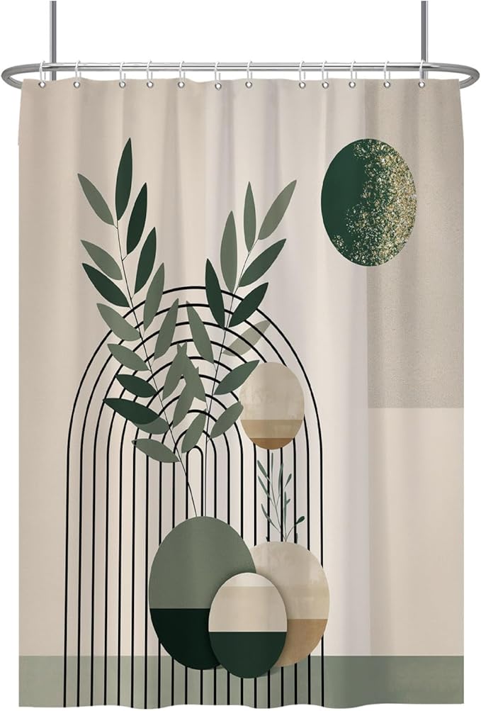 Baocicoo Mid Century Bohemia Green Moon Leaves Shower Curtain for Bathroom - Geometric Aesthetic Bathtub Decor - Polyester Durable Shower Curtain with Hooks - 72x96 Inches