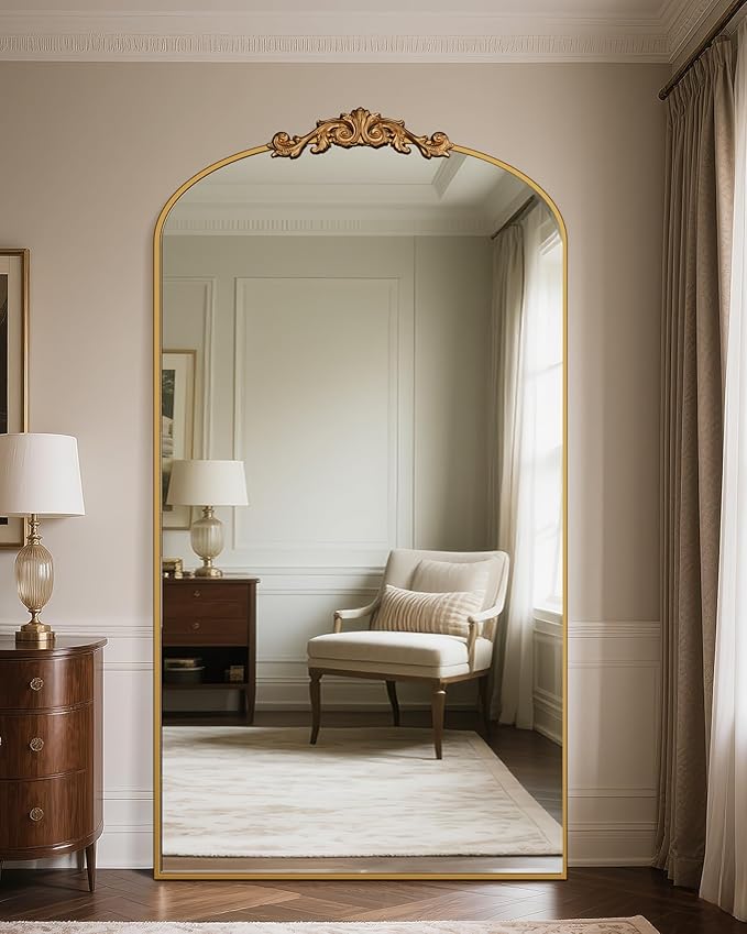Antok Arched Full Length Mirror, 81"x41" Floor Mirror with Carved, Full Body Mirrors for HomeDecor, Standing/Halling Large Wall Mirror for Bedroom, Living Room, Cloakroom, Gold, Retro Style
