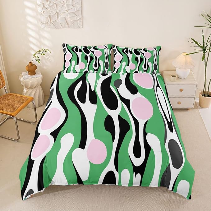 Erosebridal Mid Century Modern Abstract Duvet Cover Set Vintage Geometric Full Size Bedding Sets for Toddler Boys Contemporary Organic Shapes Comforter Cover Squiggle Blob Bed Set,Green Pink