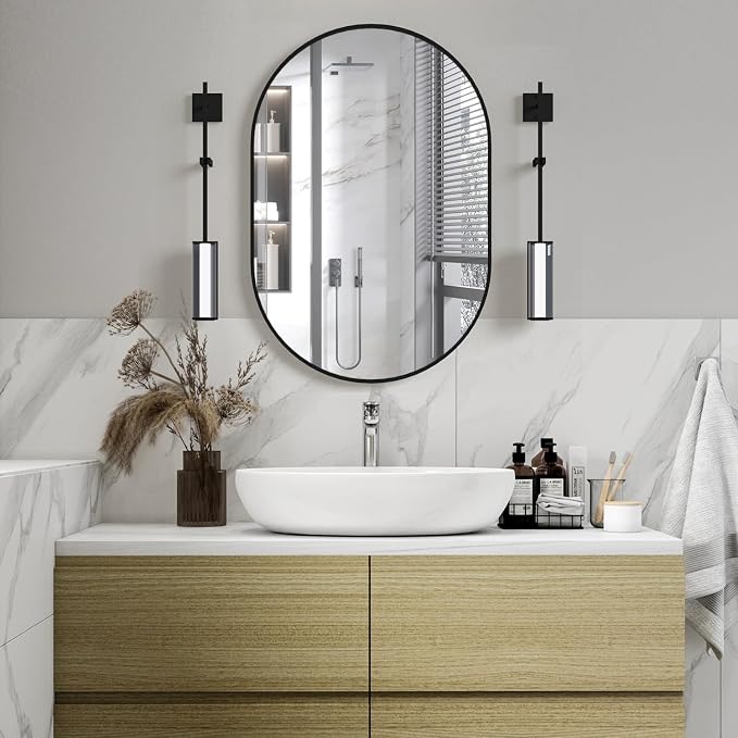 Oval Bathroom Mirror Capsule Wall Mirror, 24"x36" Black Vanity Wall Mounted Mirror, Large Modern Pill Mirrors with Metal Frame, Decor for Entryway, Bedroom, Living Room