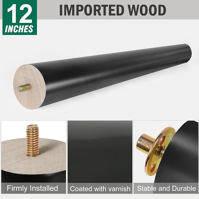 FoDau770 Black Rubber Wood Furniture Legs 12 Inches, 5/16" UNC Slant Tapered Wood Feet Mid Century Sofa Legs, Wooden Furniture Feet Replacement Parts for Cabinet Couch Dresser Chair Ottoman Table
